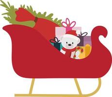 Santa Claus sleigh with gifts and teddy bear and tree vector