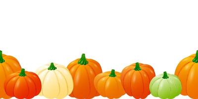 Seamless banner with pumpkins and place for text. Bottom border of colorful ripe pumpkins. Background with vegetables for invitation or advertising. Vector illustration.