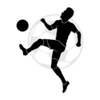 Professional soccer player jumps and kicks the ball in the air. Vector silhouette illustration