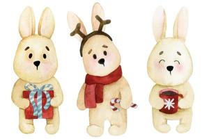 watercolor drawing. set of cute christmas bunnies. funny characters hares with christmas gifts. print for kids vector