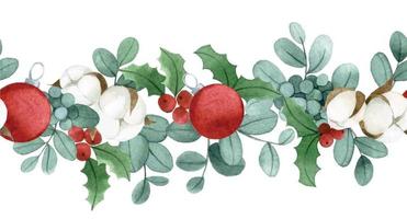 Watercolor drawing. Seamless border. Eucalyptus leaves and cotton flowers, holly leaves. Christmas decoration vector