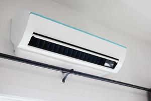 Air conditioner on white wall room interior background photo