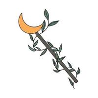 Magic wand with moon.Wizard magic wand, fairy wooden stick. Magician, sorcerer item. Witchcraft and sorcery Halloween magical tool.Mystery, miracle. Vector isolated illustration.