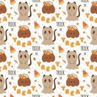 Halloween cat dressed in a ghost costume. Trick or treat halloween seamless pattern. Halloween party. Cute childish illustration texture, fabric, wrapping paper, textile, wallpaper. Vector background.