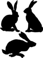 Silhouettes of bunnies in different poses. vector black and white line drawing. For your design and coloring books. Isolated drawing. Hand-drawn.