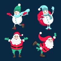 Merry snowmen and Santa in different poses. Set of winter holidays vector