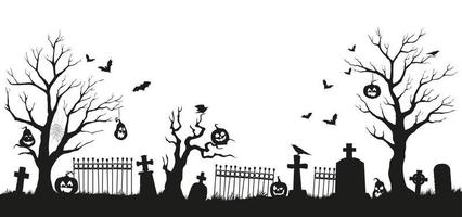 Halloween cemetery silhouette with pumpkin, trees vector
