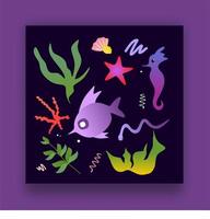 Sea set with fish, starfish, algae and eel. Vector illustration of the underwater world and the ocean. Marine inhabitants.