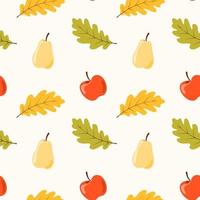 Seamless pattern with apples, pears and oak leaves. Hand drawn vector illustration in warm colours. Background for Autumn harvest holiday, Thanksgiving, Halloween, seasonal, textile, scrapbooking.