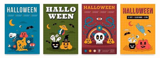 A set of colorful Halloween posters with trending funny illustrations. Groovy placard templates. vector