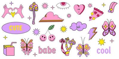 Girly stickers 90s set. Vector set of pop stickers retro 2000 vibe. Y2k nostalgia concept