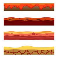 Ground, soil, water surface, for custom games. 2D game platform. Vector illustration of earth, fiery lava