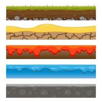 Ground, soil, water surface, for custom games. 2D game platform. Vector illustration of earth, fiery lava
