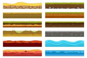 Ground, soil, water surface, for custom games. 2D game platform. Vector illustration of earth, sandy lava