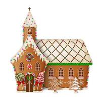 christmas gingerbread church with candies and cookies vector