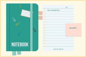 estilo antiguo de cuaderno con notas adhesivas y clips vector