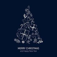 árbol de navidad arreglado con cosas navideñas con feliz navidad y feliz año nuevo saludo sobre fondo azul marino. vector