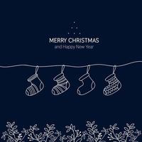 Socks in different pattern hang on rope with Merry Christmas and happy new year greeting on blue navy background. vector