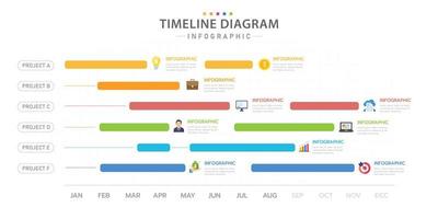 plantilla infográfica para negocios. Calendario de diagrama de línea de tiempo moderno de 12 meses con iconos de tema, infografía vectorial de presentación. vector