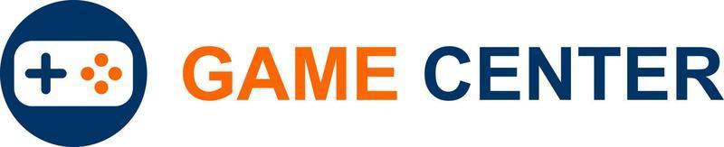 Game center, vector. Gamepad logo and inscription game center in orange and blue on a white background. vector