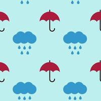 Umbrellas, vector seamless pattern. Pattern in the form of red umbrellas and clouds with raindrops on a blue background.