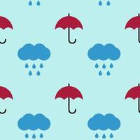 Umbrellas, vector seamless pattern. Pattern in the form of red umbrellas and clouds with raindrops on a blue background.