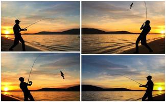 silueta de un hombre pescando al atardecer - foto de conjunto de collage