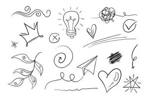 Vector set of Doodle elements, for concept design. crowns, lights, paper planes, love, tangles, etc.