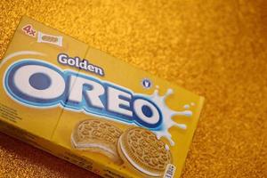 TERNOPIL, UKRAINE - MAY 28, 2022 Oreo golden crispy cookie box. The brand Oreo is owned by company Mondelez international photo