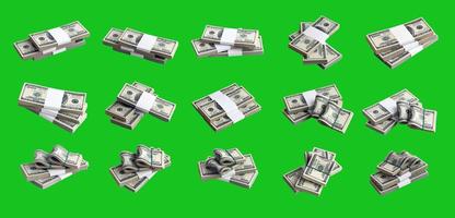 Big set of bundles of US dollar bills isolated on chroma key green. Collage with many packs of american money with high resolution on perfect green background photo