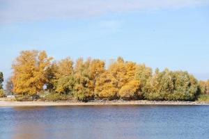 Beautiful autumn landscape with lake and multicoloral trees. Picturesque place with lake and tall trees photo