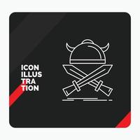 fondo de presentación creativa rojo y negro para la batalla. emblema. vikingo. guerrero. icono de línea de espadas vector