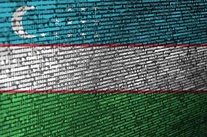 Uzbekistan flag  is depicted on the screen with the program code. The concept of modern technology and site development photo