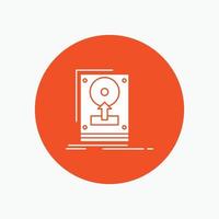 install. drive. hdd. save. upload White Glyph Icon in Circle. Vector Button illustration