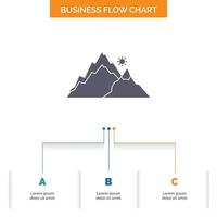 mountain. landscape. hill. nature. tree Business Flow Chart Design with 3 Steps. Glyph Icon For Presentation Background Template Place for text. vector