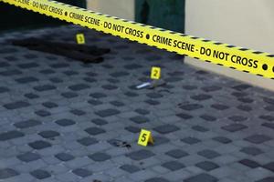 Crime scene tape for covering the area cordon. Yellow tape with blurred forensic law enforcement background in cinematic tone photo