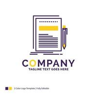 Company Name Logo Design For Business. document. file. paper. presentation. Purple and yellow Brand Name Design with place for Tagline. Creative Logo template for Small and Large Business. vector