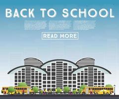 Back to School. Banner with School Bus, Building and Students. vector