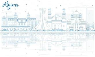 Outline Algiers Skyline with Blue Buildings and Reflections. vector