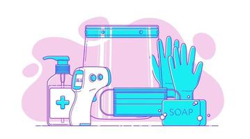 Set of vector PPE line icon on background of abstract shapes for medical infographic. Mask, face shield, disinfectant hand sanitizer antibacterial gel, non-contact infrared thermometer, gloves, soap