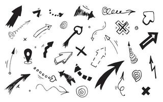 Arrows swirls hand-drawn, straight, swirls, thin and thick. Navigation sign and crosses. Set of icons for decoration with arrows vector