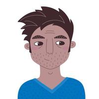 Portrait of an adult casual man with stubble in a blue sweater. Vector flat illustration of tanned guy. Person with pensive face expression on white background. Hand drawn avatar for social network.