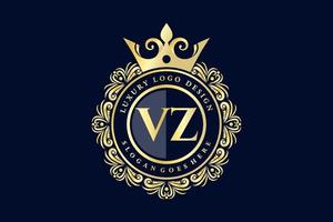 VZ Initial Letter Gold calligraphic feminine floral hand drawn heraldic monogram antique vintage style luxury logo design Premium Vector