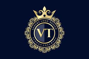 VT Initial Letter Gold calligraphic feminine floral hand drawn heraldic monogram antique vintage style luxury logo design Premium Vector