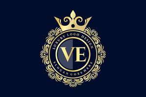 VE Initial Letter Gold calligraphic feminine floral hand drawn heraldic monogram antique vintage style luxury logo design Premium Vector