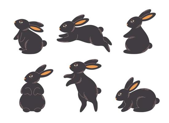 Set of cute black bunnies. Animal, hare. Year of the Rabbit