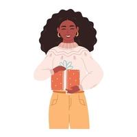 Black woman in sweater with Christmas gift. Merry Christmas, Christmas sale. Happy Holidays vector