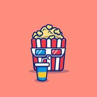 Cute Popcorn Drinking Soda Cartoon Vector Icon Illustration. Movie Food And Drink Icon Concept Isolated Premium Vector. Flat Cartoon Style