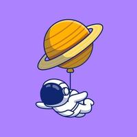 lindo astronauta flotando con la ilustración del icono del vector de dibujos animados del planeta. ciencia tecnología icono concepto aislado vector premium. estilo de dibujos animados plana