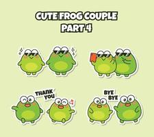 Set of cute couple frog sticker emoji wearing sunglasses take a picture say thank you and bye bye emoticon vector